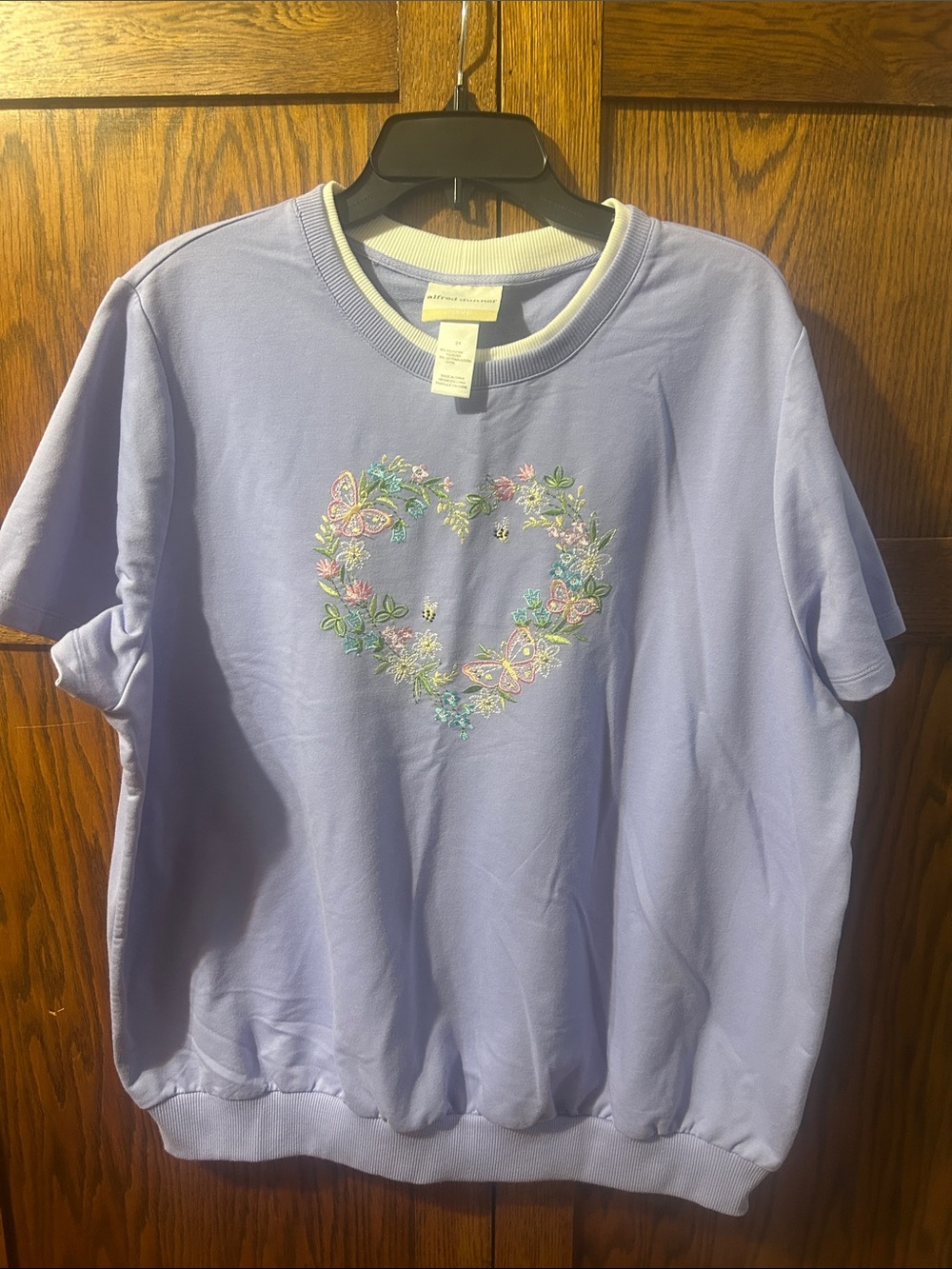 Alfred Dunner Lavender Short-Sleeve Sweatshirt with Floral Heart Embroidery